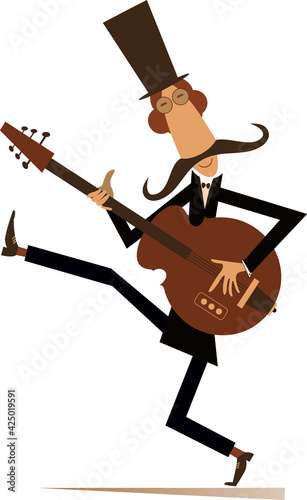 Cartoon long mustache guitarist is playing music illustration.
Mustache man in the top hat playing guitar silhouette isolated on white
