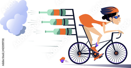 Cartoon young woman rides a bike illustration. 
Smiling woman in helmet and sunglasses on the bike tries to ride faster using bottles with carbonated beverage, champagne or beer isolated on white
