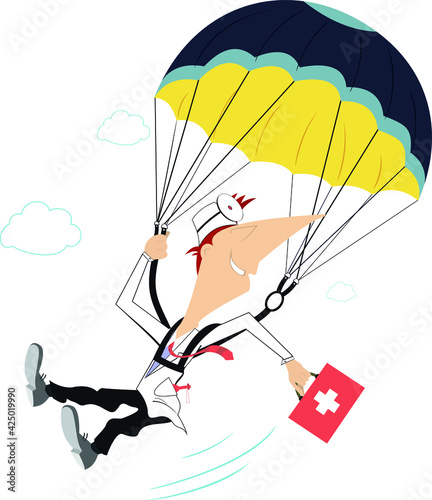 Smiling doctor skydiver illustration.
Cheerfulness doctor with a bag drops by parachute isolated on white
