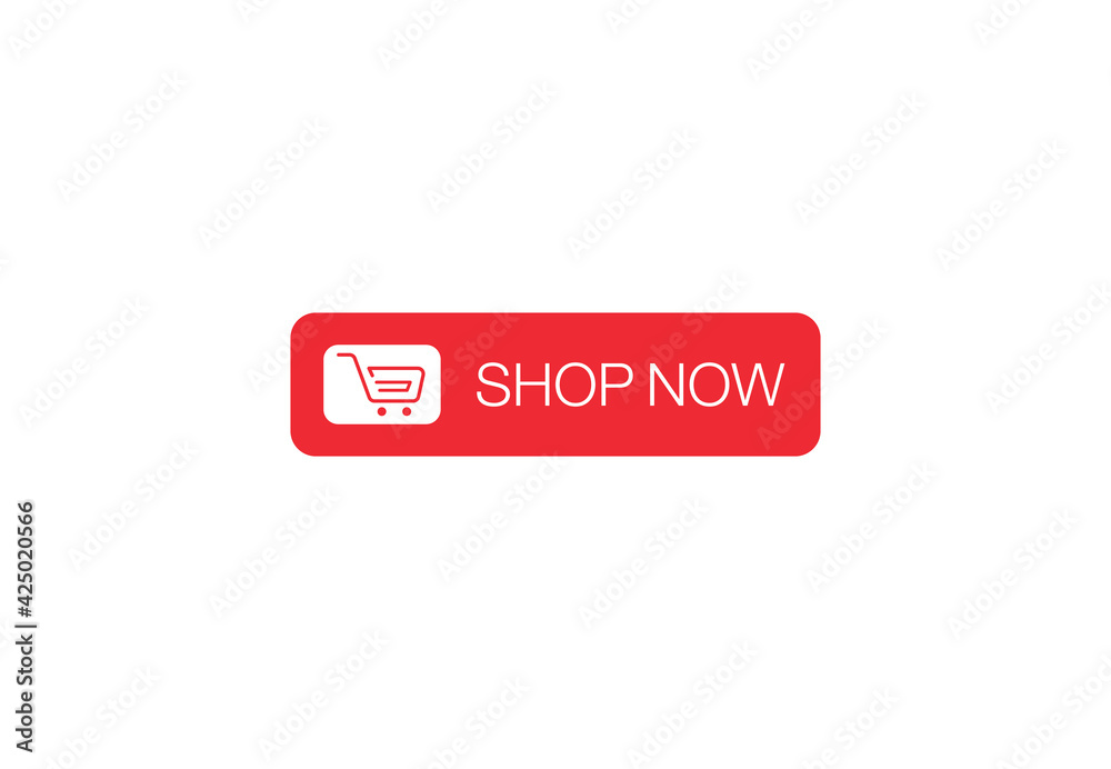 Shop now button. Red Shop now button with shopping cart icon Shop now button. Red Shop now button with shopping cart icon