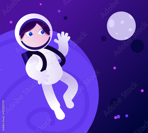 Woman astronaut flying in space. Isolated female cosmonaut character concept. Planets and stars landscape on background. Vector illustration in cartoon style