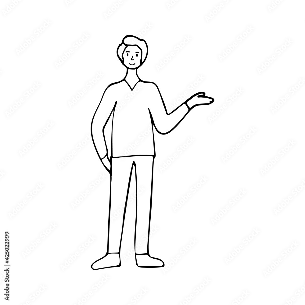 Hand drawn businessman pointing. Doodle man illustration. Doodle young man employee pointing to something Hand drawn businessman pointing. Doodle man illustration. Doodle young man employee pointing to something