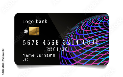 Credit card template design with bright neon sphere design element made of glowing lines forming round texture