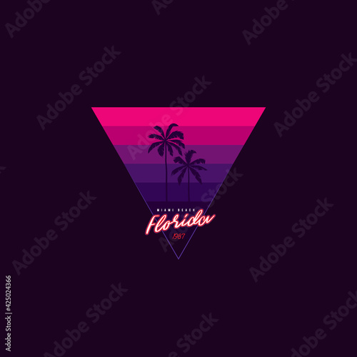 Original vector retro print of a palm tree on the background of a triangular sunset. T-shirt design.