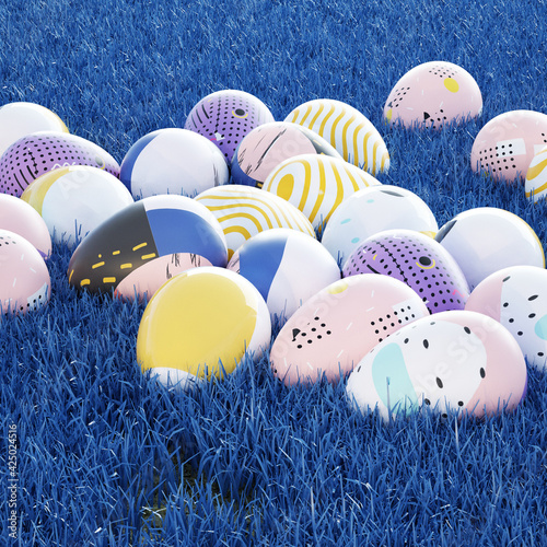 Colorful Textured Easter Eggs Lays on Shiny Blue Grass