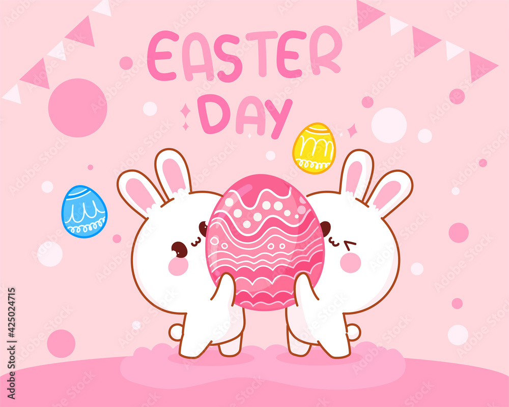 Rabbit with eggs happy Easter day hand drawn cartoon art illustration