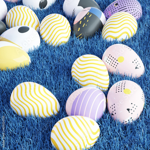 Colorful Textured Easter Eggs Lays on Shiny Blue Grass