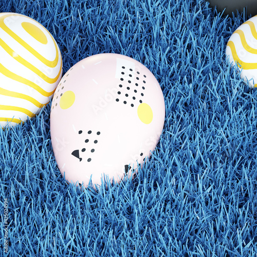 Colorful Textured Easter Eggs Lays on Shiny Blue Grass