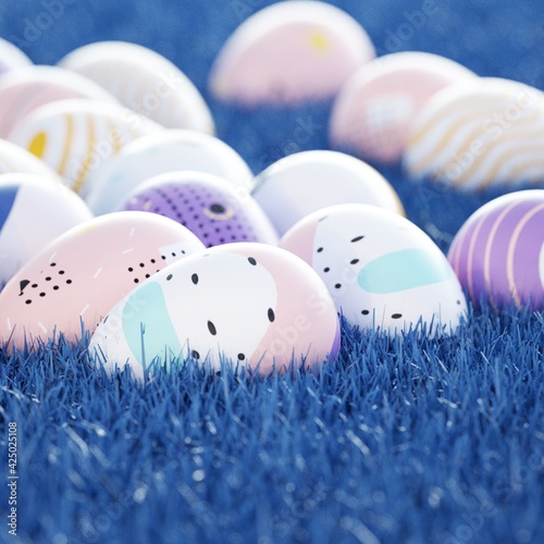 Colorful Textured Easter Eggs Lays on Shiny Blue Grass