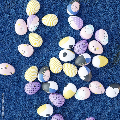 Colorful Textured Easter Eggs Lays on Shiny Blue Grass