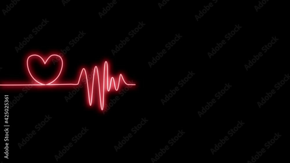 Self draws neon pink line heartbeat and heart, lettering love