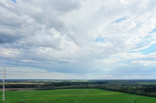 early spring field top view drone, abstract landscape flight