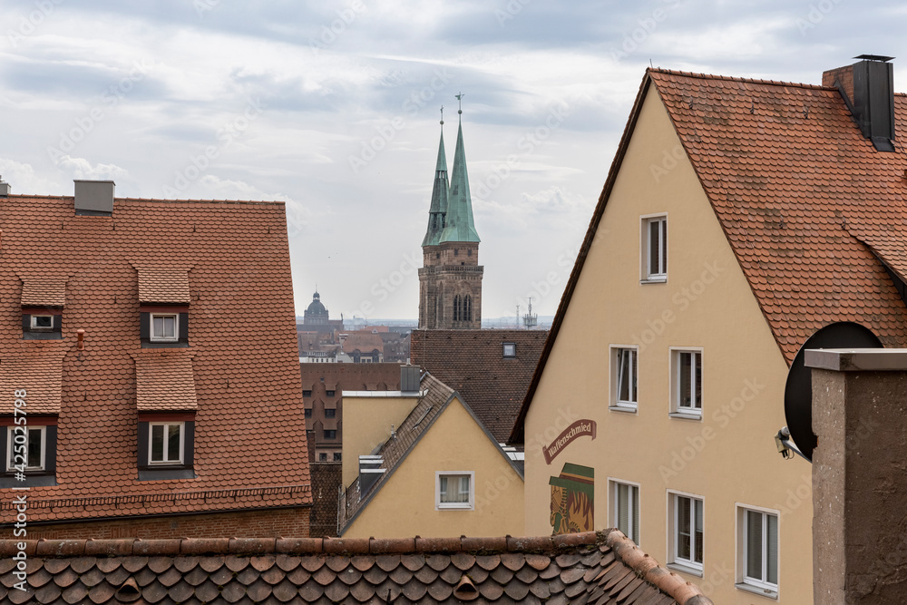 Nürnberg city skyline seen from castle hill over old town
