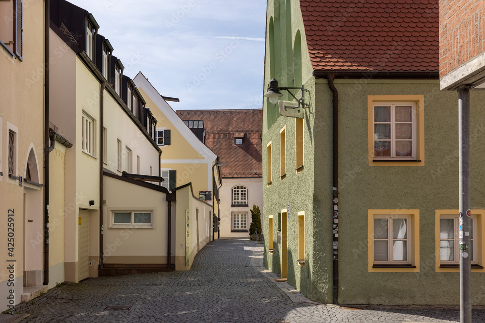 Narrow cobblestone streets and historical buildings in Ingolstadt old town