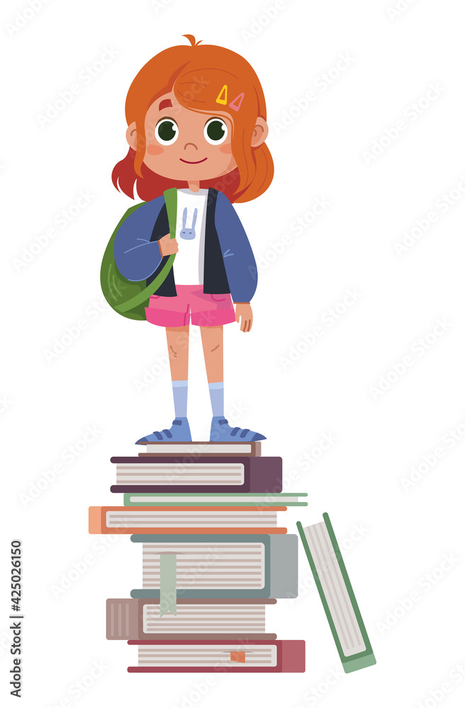 Vector of a schoolgirl standing on top of a pile of books. Illustration with character child pupil. Education concept. Investing money in studies Vector of a schoolgirl standing on top of a pile of books. Illustration with character child pupil. Education concept. Investing money in studies