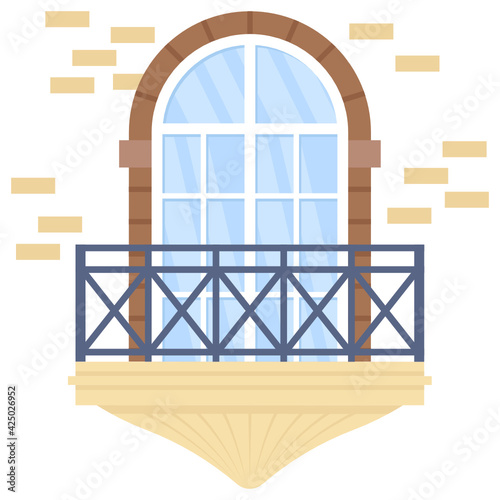 Empire Style Window Concept, Top Half Moon with gril Vector Icon Design, balcony and window front view symbol, House exterior design ideas with vintage and classic balconies facade stock illustration 