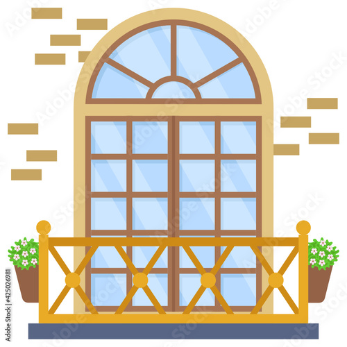 Double casement top circle window on brick wall Concept Vector Icon Design, balcony and window front view symbol, House exterior design ideas with modern  and classic balconies stock illustration