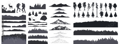 Forest silhouette, vector illustration. People camping, adventure and travel concept, beautiful forest, mountain and sky, exposure, vector illustration.  © Gluiki
