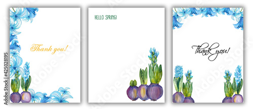 Watercolor illustration. Blooming blue hyacinths frame  blooming hyacinths with leaves and bulb. Set Templates for cards  invitations  photos  etc.