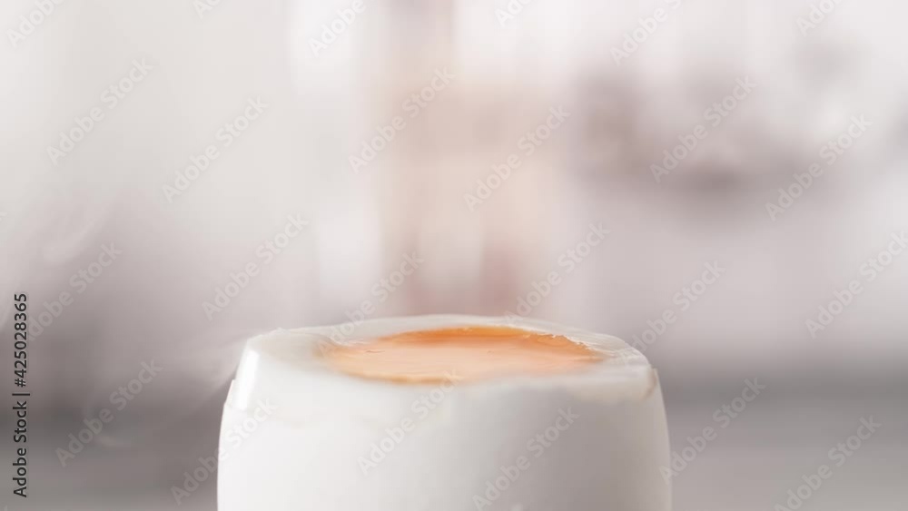 Salting Steaming Soft Boiled Egg in Eggshell in Macro Slow Motion 1000fps