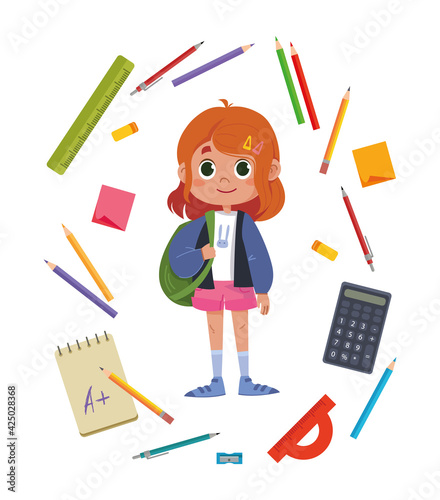 Schoolboy cute beautiful girl surrounded by subjects related to study. Stationery. Multicolored vector illustration. Pencils, calculator, ruler and more