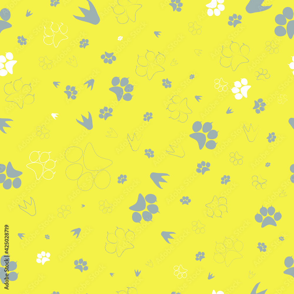 Flat design seamless pattern. Yellow, grey and white vector illustration paw, dinosaur, bird footprint. For fabric, bag, laptop, notebook, phonecase. Background, wallpaper.