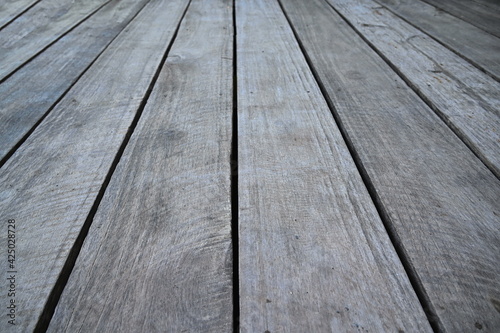 The interior floor is made of long brown planks. Wooden floor walkway Simple walkway of the old wooden floor panels outside the building. Suitable for making wallpapers or adding text messages. 