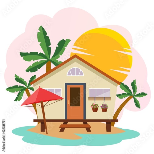oceanfront bungalows and palm trees
