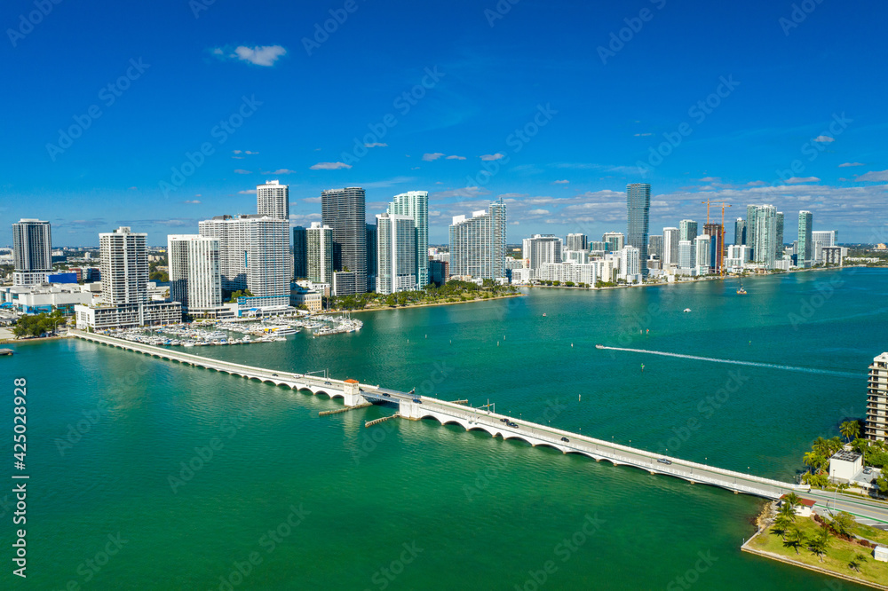 aerial drone view of Venetian causeway with downtown Miami skyline in the back
