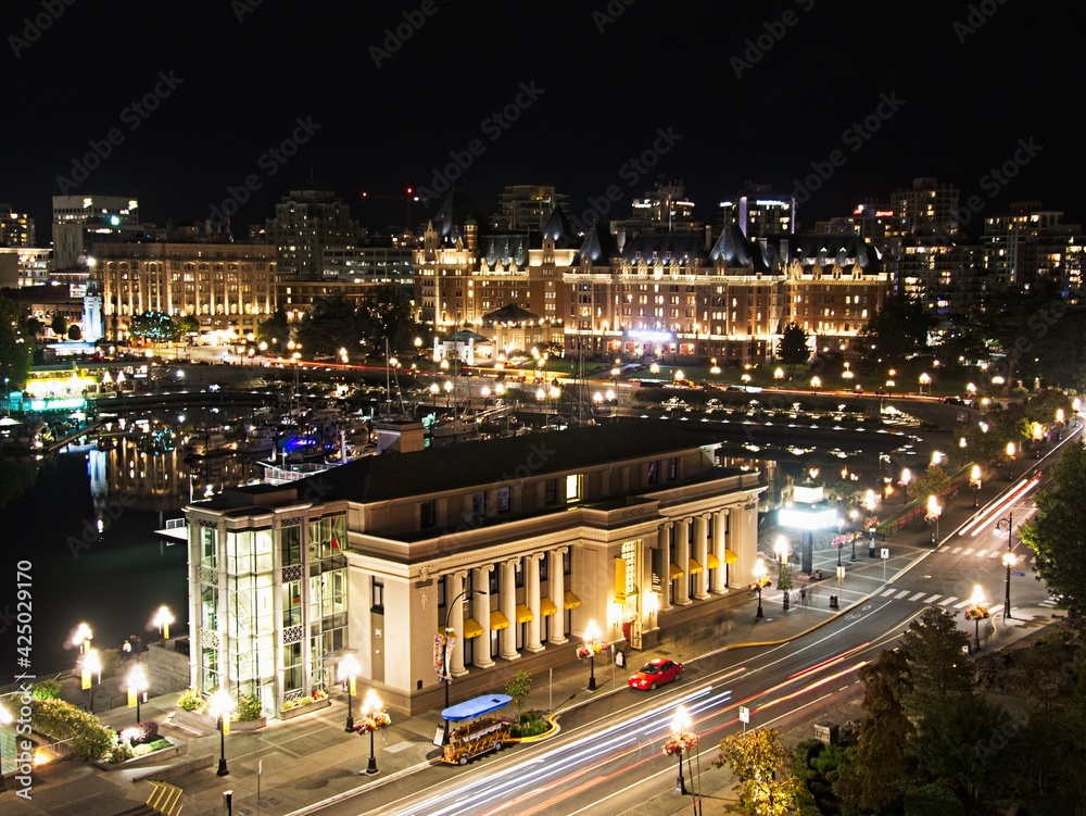 Night view of victoria's inner harbour with the Bateman galary and the Fairmont Empress Historic Hotel at the city harbour of Victoria, British Columbia, Canada, stock photo Night view of victoria's inner harbour with the Bateman galary and the Fairmont Empress Historic Hotel at the city harbour of Victoria, British Columbia, Canada, stock photo