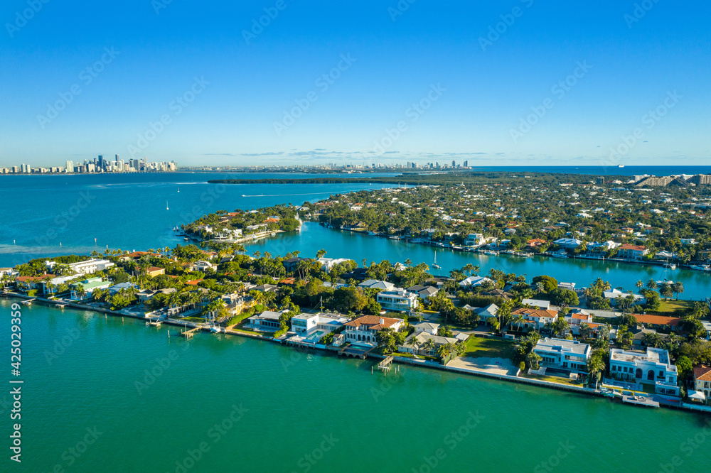 aerial drone view of Key Biscayne with downtown Miami skyline in the back