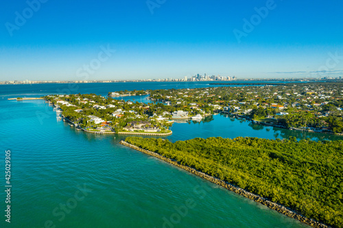 aerial drone view of Key Biscayne with downtown Miami skyline in the back © Cristian