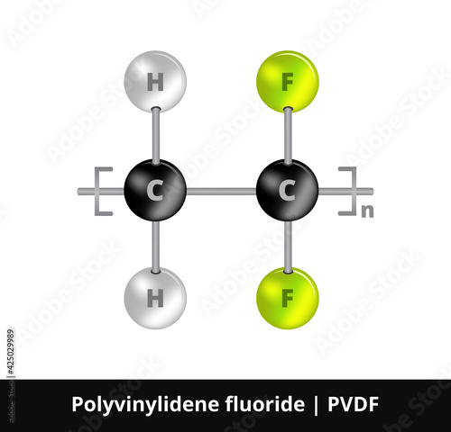 Vector ball-and-stick model of thermoplastic fluorocarbon polymer polyvinylidene fluoride PVDF. Fluoropolymer, a product of polymerization of vinylidene difluoride. The icon is isolated on white.