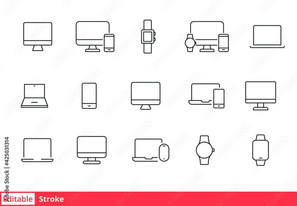 Modern device line icon set. Simple outline style for web sites and mobile app. Computer, laptop, pc, phone, mobile concept. Vector illustration isolated on a white background. Editable stroke EPS 10