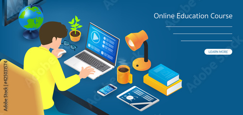 Student Study by Using Computer Showing Tutorial and Info, Mouse, Smartphone with Graph, Tablet with Stylus and Circle Graph, Coffee with Smoke , Lamp, Books and Globe on Desk Blue Background..