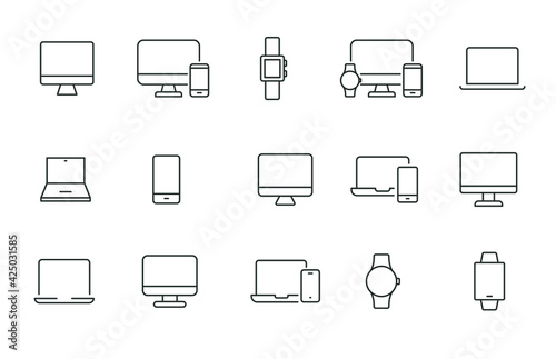 Modern device line icon set. Simple outline style for web sites and mobile app. Computer, laptop, pc, phone, mobile concept. Vector illustration isolated on a white background. EPS 10
