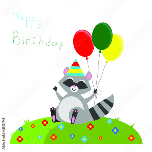 Vector illustration. Happy birthday   Raccoon in a cap. Balloons.