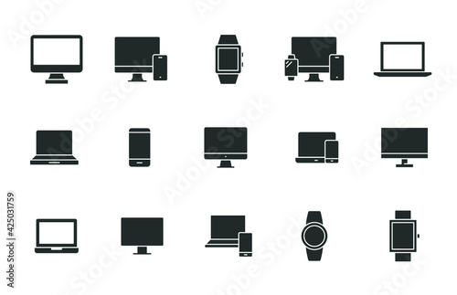 Modern device glyph icon set. Simple solid style for web sites and mobile app. Computer, laptop, pc, phone, mobile concept. Vector illustration isolated on a white background. EPS 10