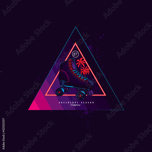 Original vector illustration in the style of the 80s. Roller skates and palm trees on a neon background. T-shirt Design