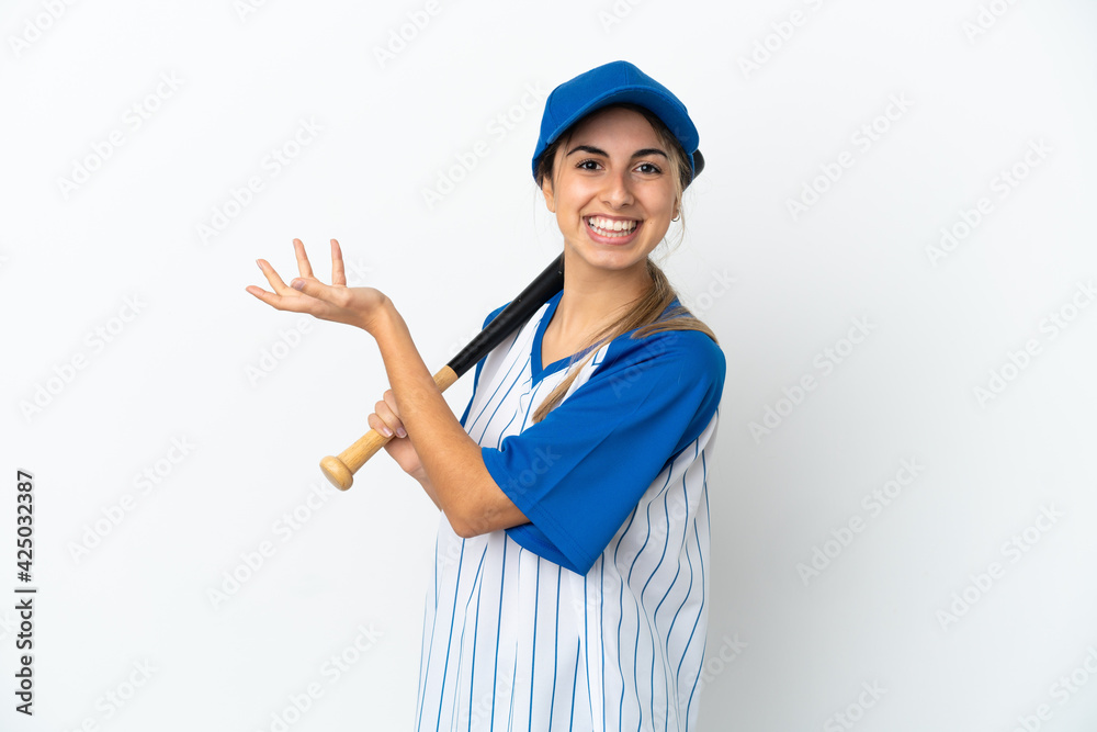 Young caucasian woman playing baseball isolated on white background extending hands to the side for inviting to come