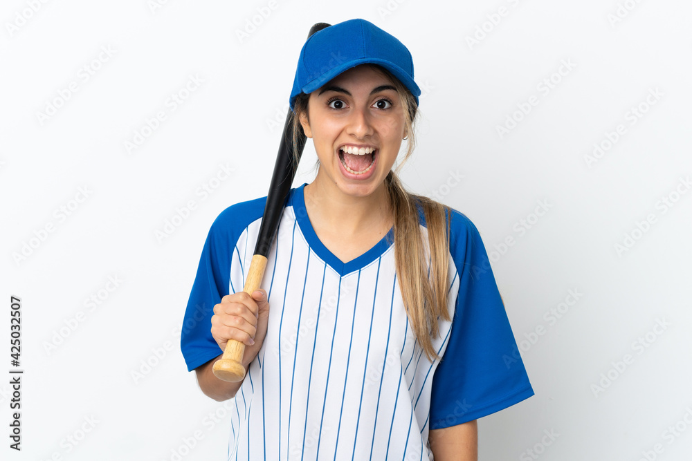 Young caucasian woman isolated on white background playing baseball and with surprise and shocked facial expression Young caucasian woman isolated on white background playing baseball and with surprise and shocked facial expression