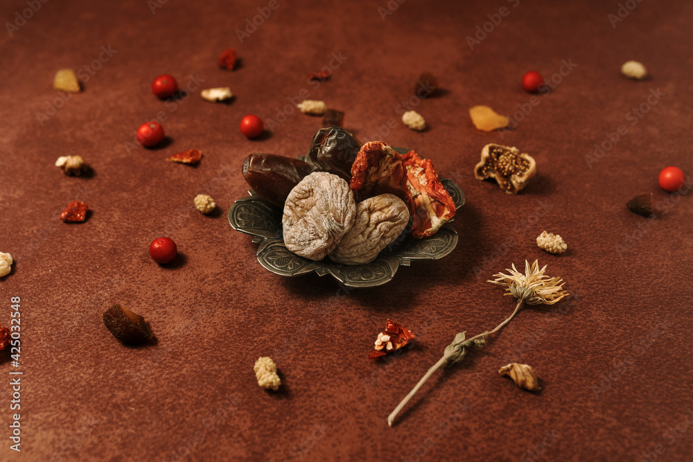 dry fig, date, flowers and arranged dried fruits dry fig, date, flowers and arranged dried fruits