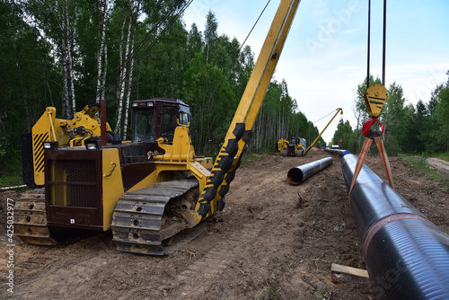 Natural gas pipeline project. Pipes for oil and gas pipelines construction. Fuel and energy concept. Oil pipeline that would carry tar sands for oil refineries. Pipe for transport fossil fuels, crude
