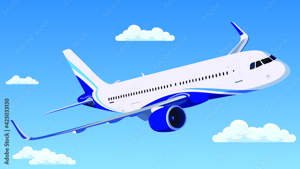 Airplane flying in sky. Jet plane fly in clouds, airplanes travel and  vacation aircraft. Flight plane, airplane trip to airport or airline  transportation.Flat airplane vector illustration, Stock-Vektorgrafik