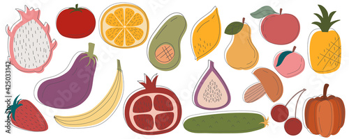 Rustic fruits vegetables in set are isolated white background. Varied food vegetarians and day dieters. Vector fruits avocado  dragon  fig  pineapple Vector vegetables eggplant  pumpkin  mushroom