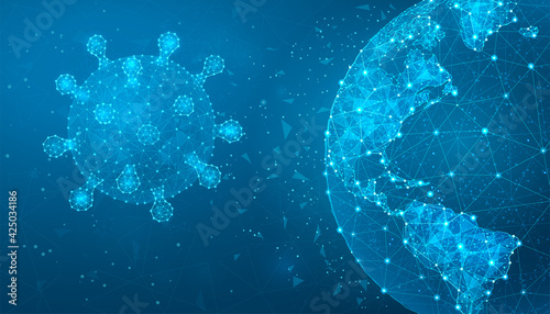 Virus COVID-19 and Globe Plexus - Coronavirus Low Poly Vector and World Map