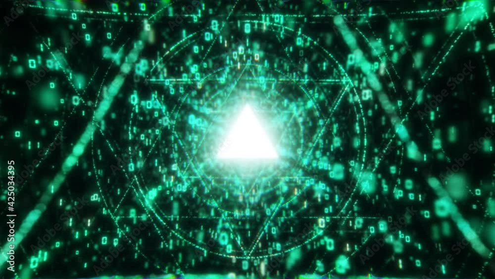triangle green digital matrix core tunnel of binar lights, neon glowing rays loop in motion into digital ai or iot technologic tunnels. 3D render