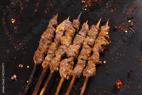 Shashlik. Kebab. Grilled barbecue meat with spices.