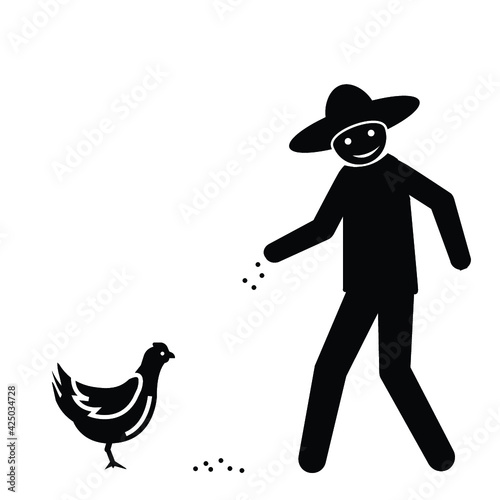 Illustration of a Farm men Carrying a Basket of Feeds While Feeding Free Range Chickens