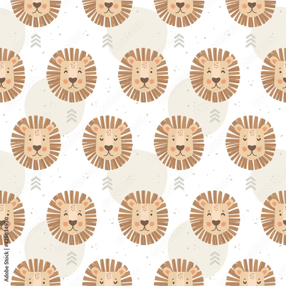 The face of a lion on a white background, different emotions. Hand-drawn illustration in Scandinavian style. Vector seamless pattern with texture and ornamental elements. Wild animals in the jungle The face of a lion on a white background, different emotions. Hand-drawn illustration in Scandinavian style. Vector seamless pattern with texture and ornamental elements. Wild animals in the jungle
